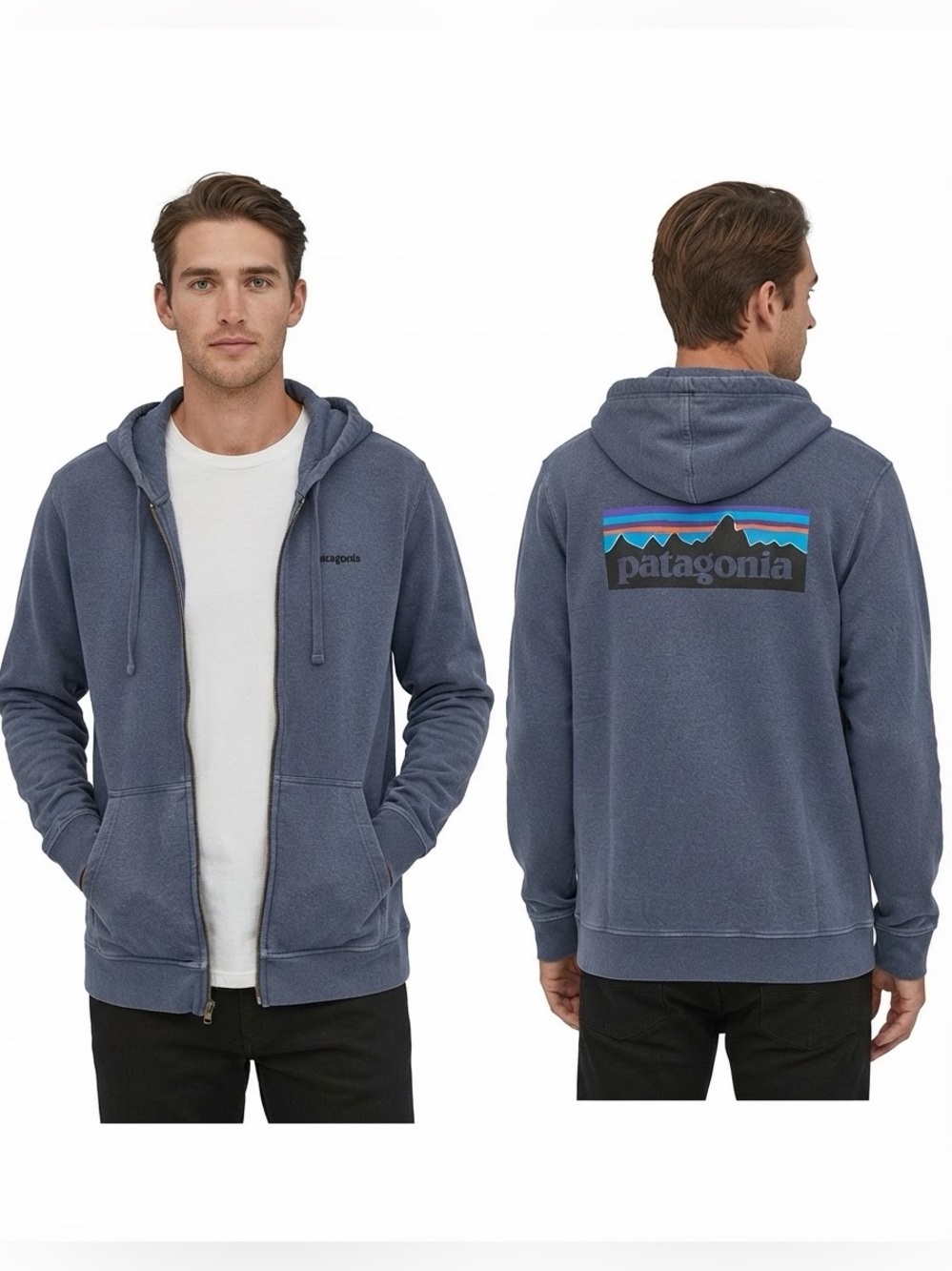 Patagonia Organic Cotton Full Zip Hoodie Blue P-6 Back Logo Size Large